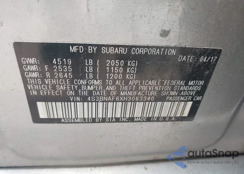 2017 Subaru Legacy 2.5I Premium from USA, damaged, VIN 4S3BNAF6XH3063340